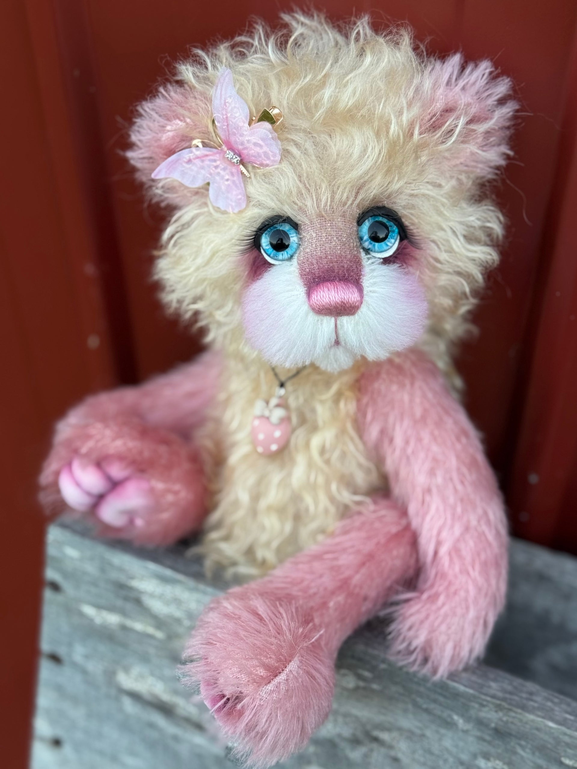 Strawberry Flutter - 12" Hand-dyed Mohair artist bear by Emma's Bears - OOAK