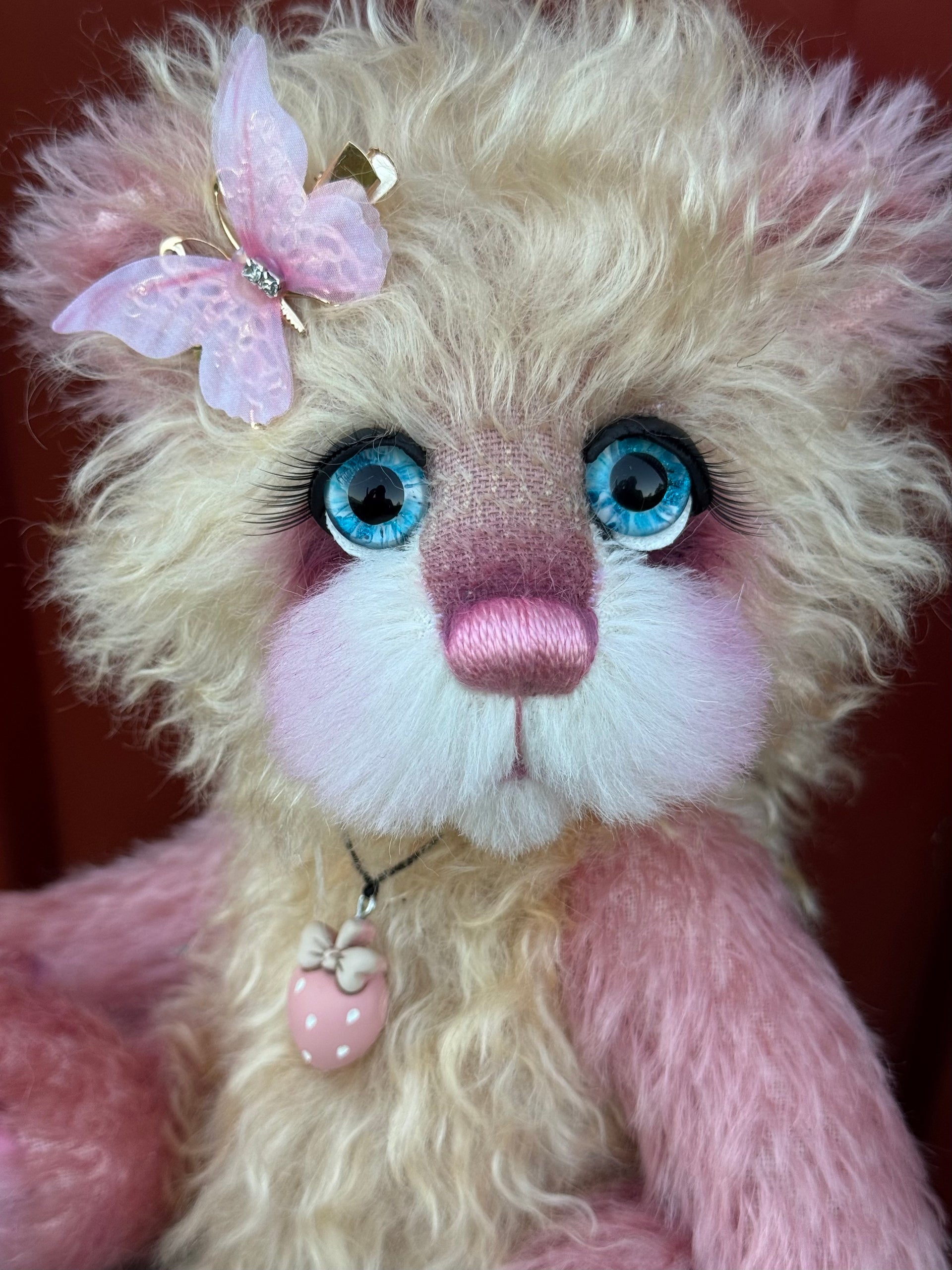 Strawberry Flutter - 12" Hand-dyed Mohair artist bear by Emma's Bears - OOAK