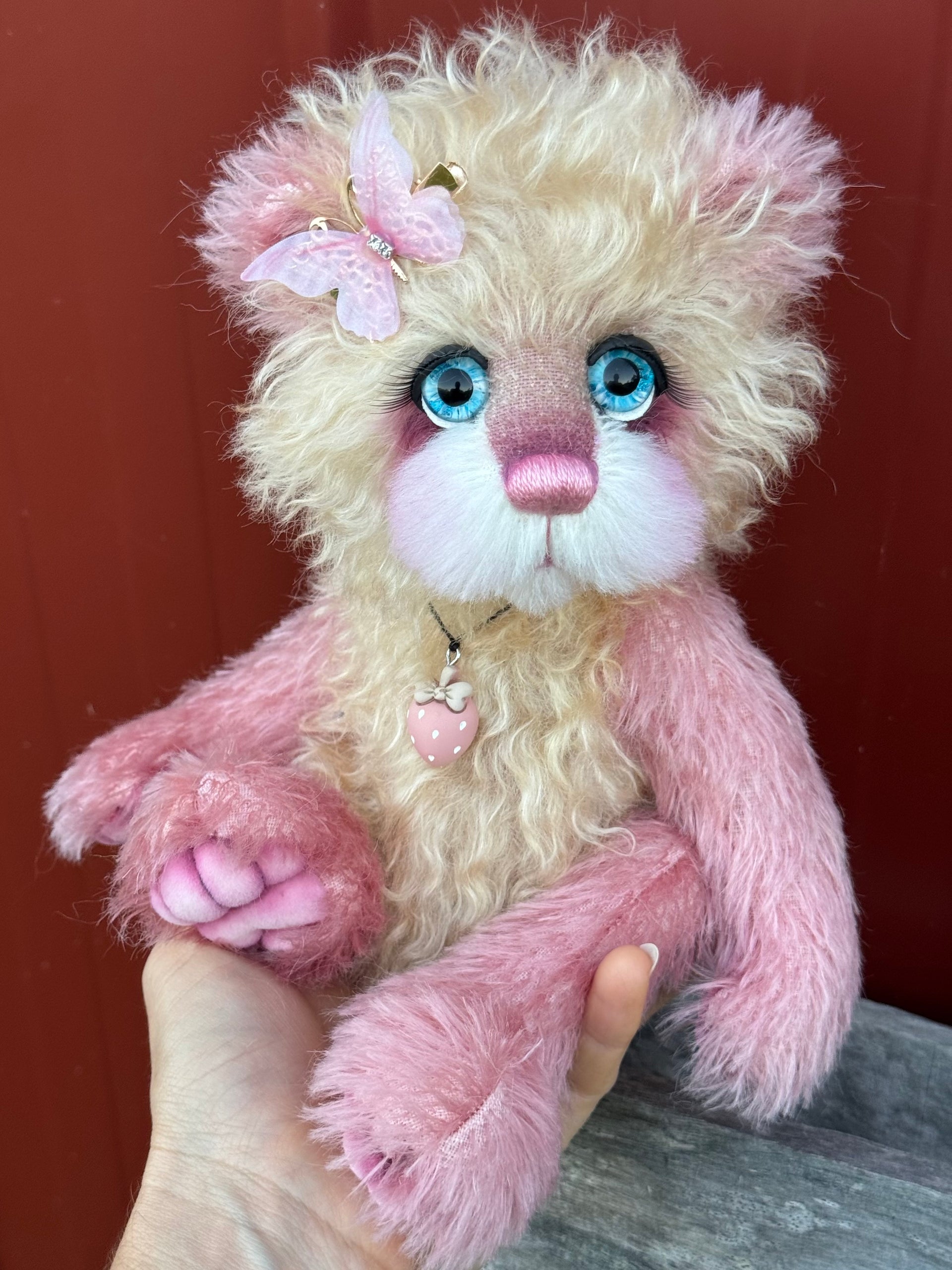 Strawberry Flutter - 12" Hand-dyed Mohair artist bear by Emma's Bears - OOAK