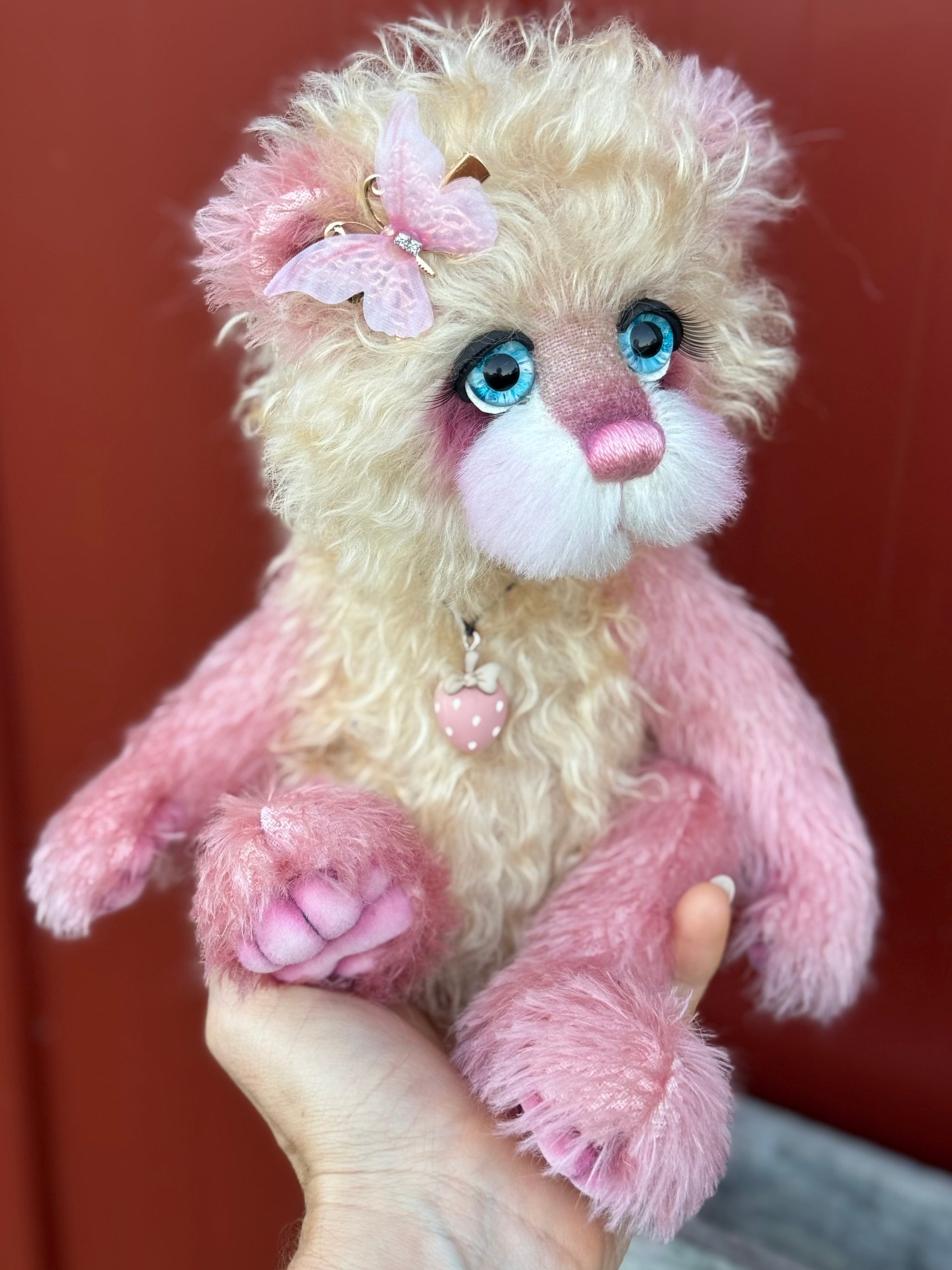 Strawberry Flutter - 12" Hand-dyed Mohair artist bear by Emma's Bears - OOAK