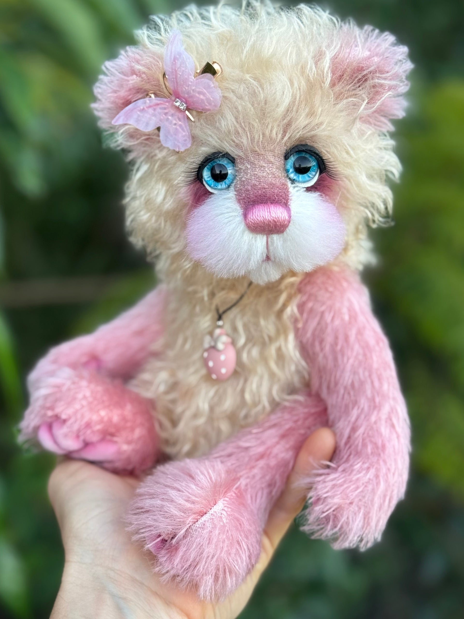 Strawberry Flutter - 12" Hand-dyed Mohair artist bear by Emma's Bears - OOAK