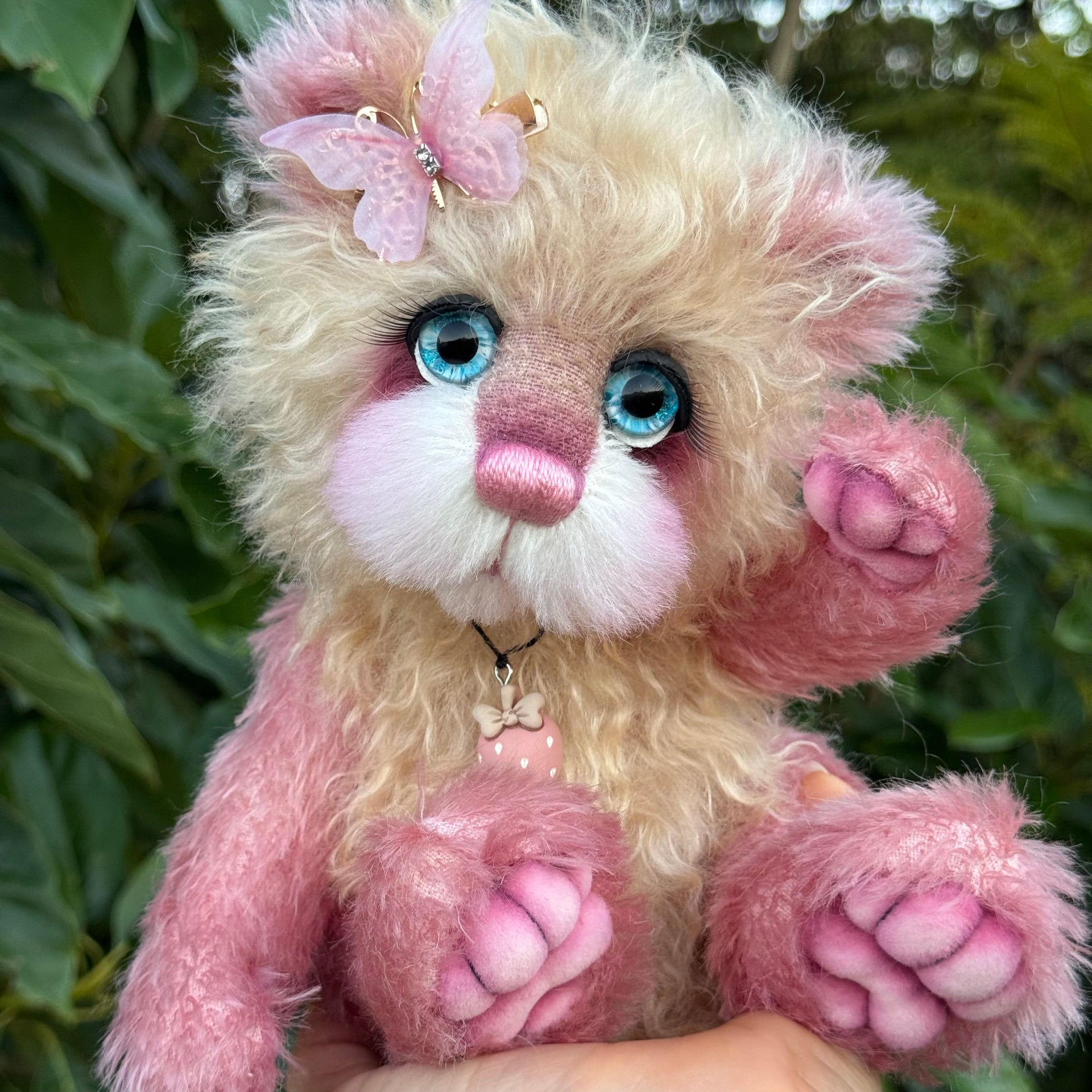 Strawberry Flutter - 12" Hand-dyed Mohair artist bear by Emma's Bears - OOAK