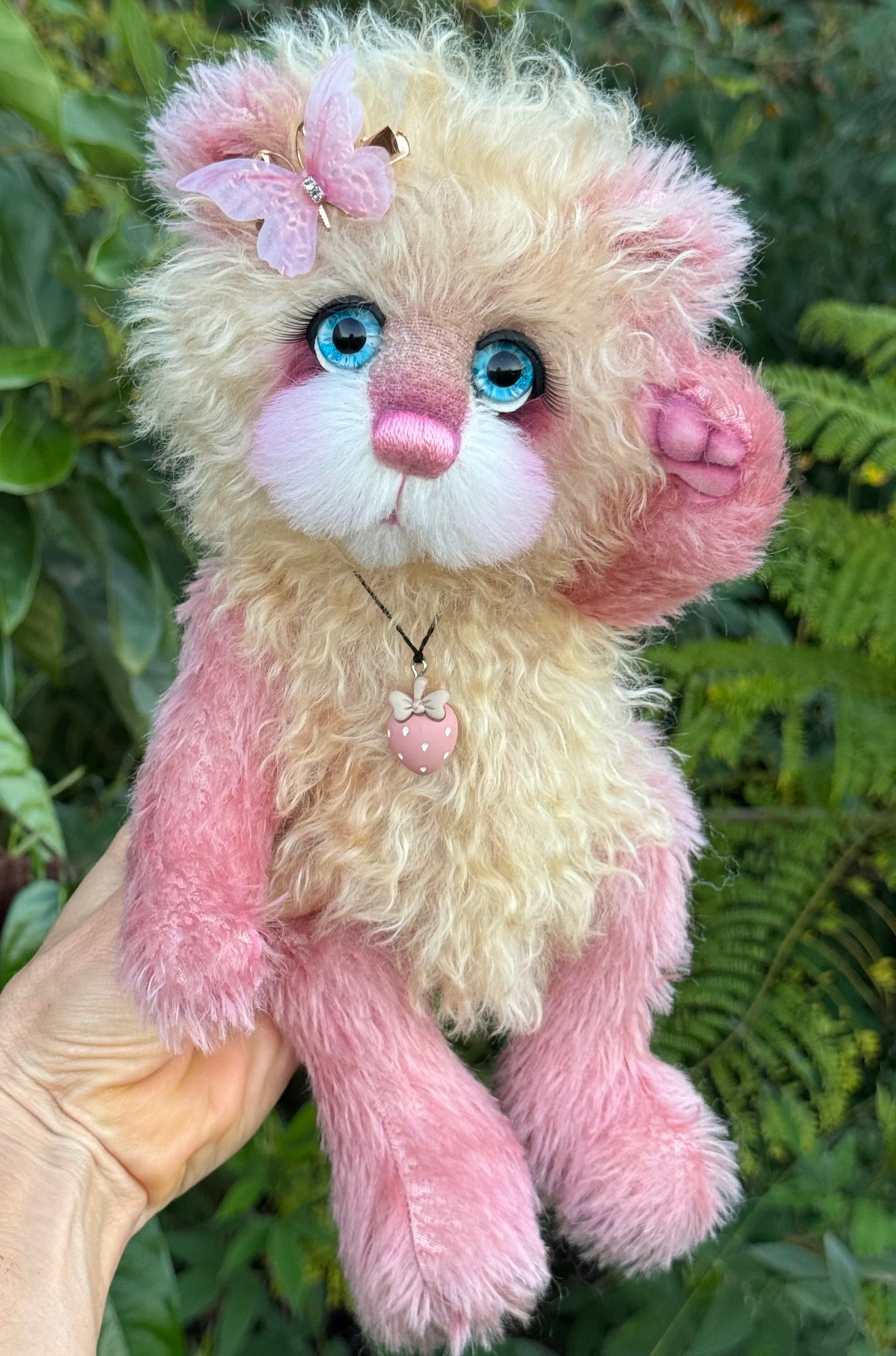 Strawberry Flutter - 12" Hand-dyed Mohair artist bear by Emma's Bears - OOAK
