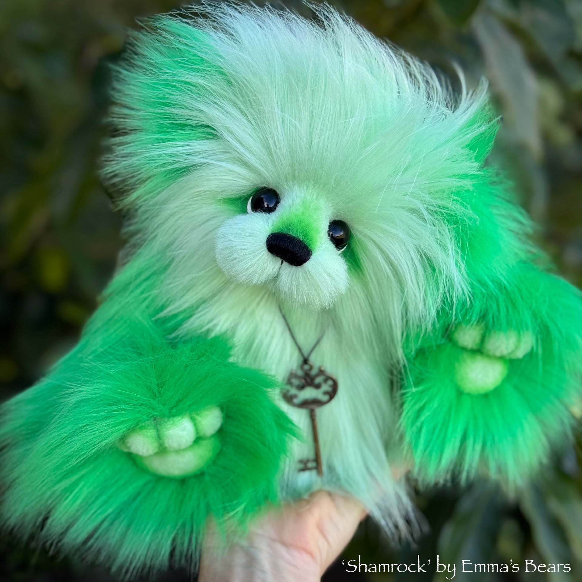 Shamrock - 13" Green Faux Fur Artist Bear by Emma's Bears - OOAK