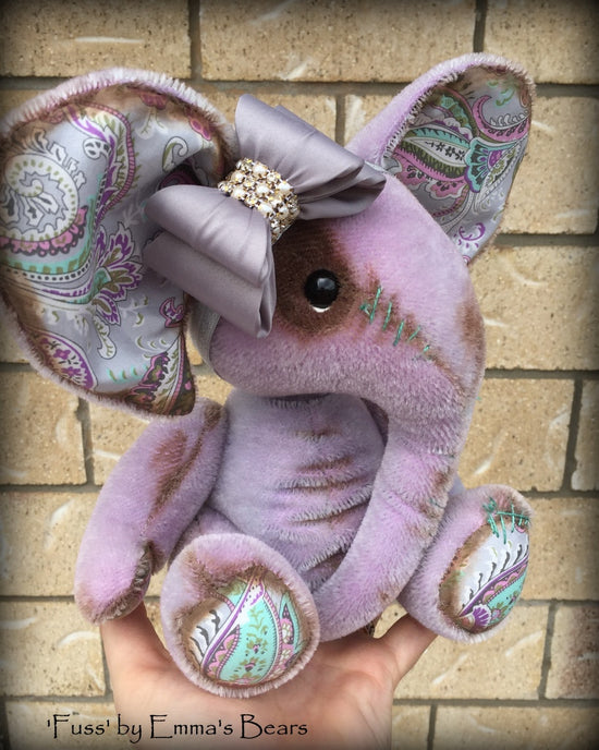 Fuss - 11in hand dyed shabby lilac mohair elephant by Emmas Bears