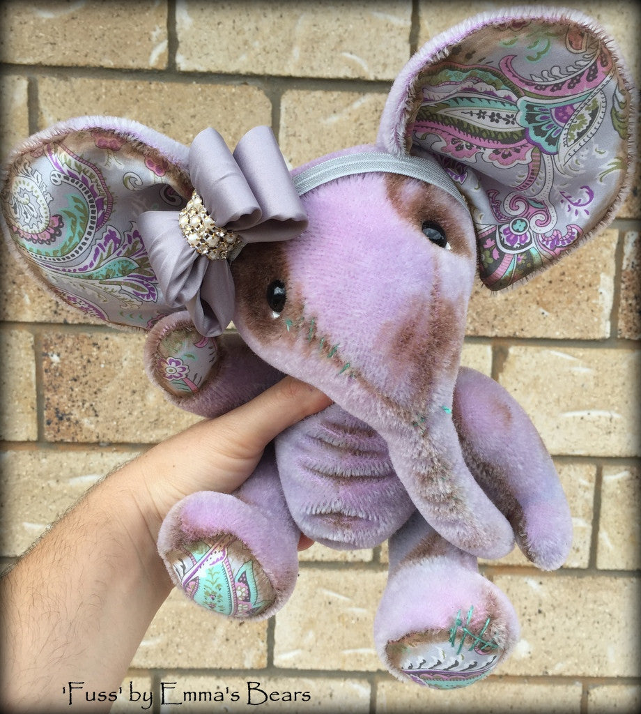 Fuss - 11in hand dyed shabby lilac mohair elephant by Emmas Bears